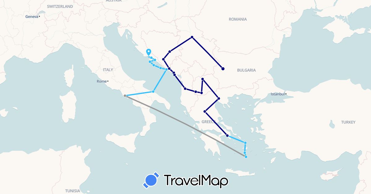 TravelMap itinerary: driving, plane, boat in Albania, Bosnia and Herzegovina, Bulgaria, Greece, Croatia, Italy, Montenegro, Macedonia, Serbia (Europe)